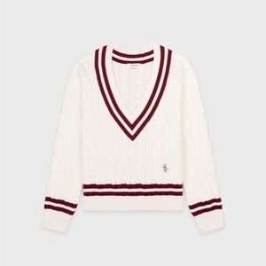 Sporty and rich Women's V-Neck Cable Knit Sweater - White and Red